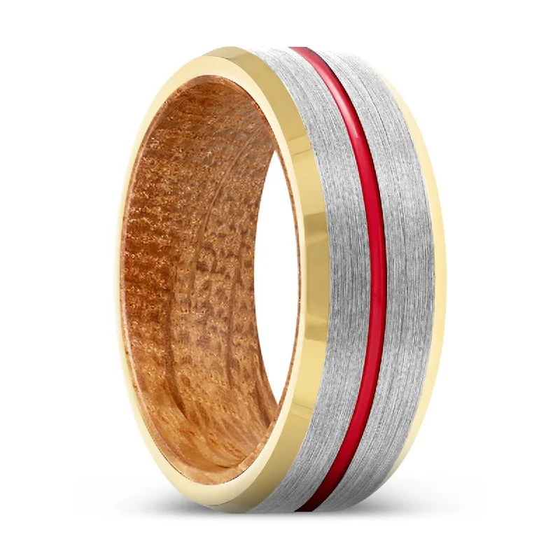 RUMBLE | Whiskey Barrel Wood, Silver Tungsten Ring, Red Groove, Gold Beveled Edge