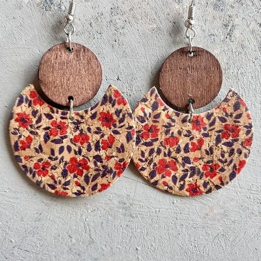 Simple Gold Earrings-Beautiful Purple and Red Cork and Wood Floral Earrings