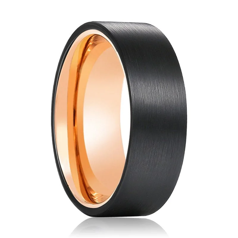 SCARLET | Rose Gold Tungsten Ring Black Brushed Flat