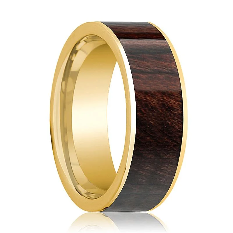 Mens Wedding Band 14k Yellow Gold & Bubinga Wood Inlaid Polished Finish  - 8mm