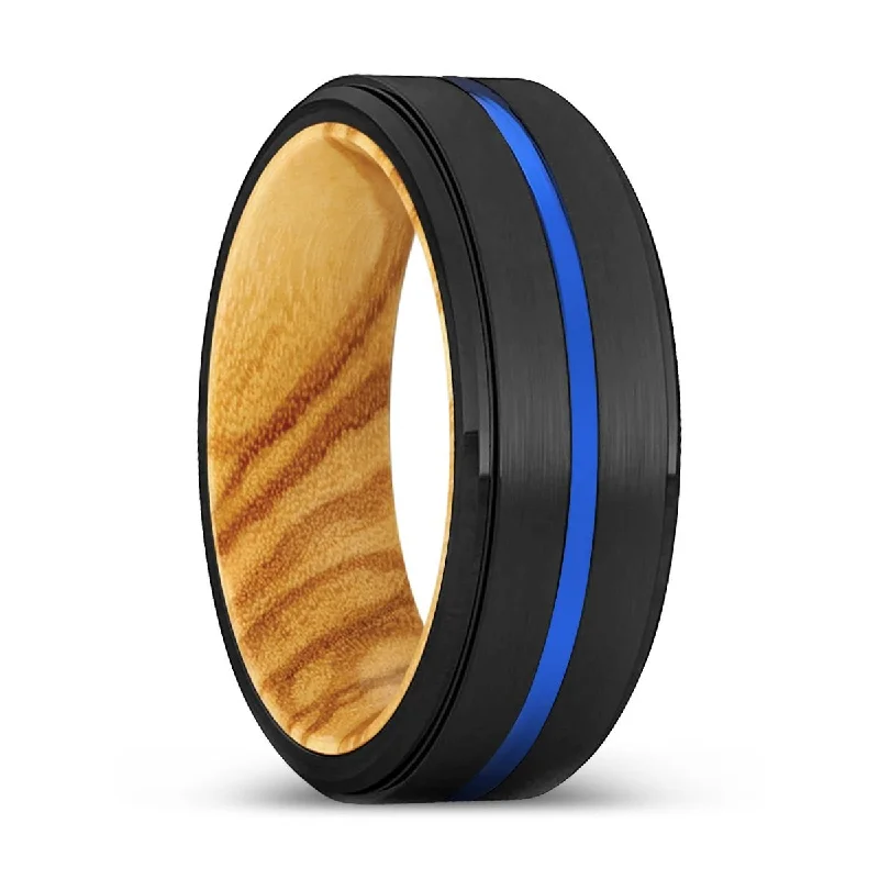 DELIGHT | Olive Wood, Black Tungsten Ring, Blue Groove, Stepped Edge