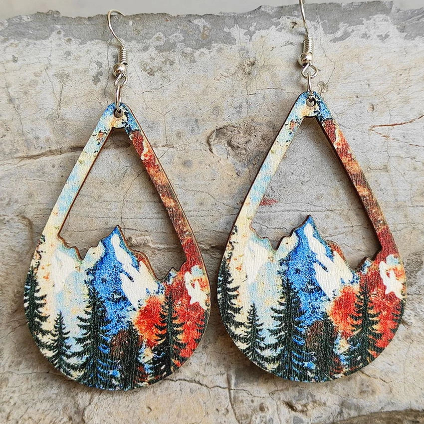 Casual Earrings-Beautiful Wood Snowy Mountain Earrings