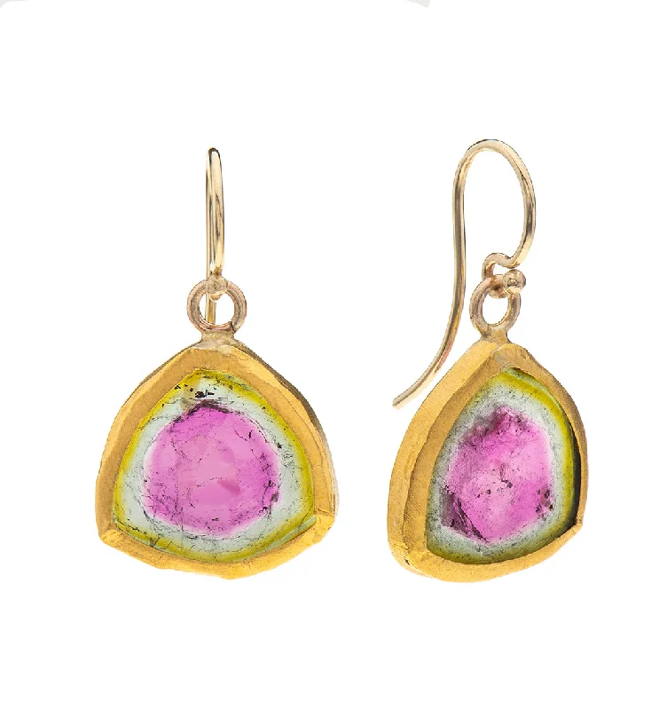 Fashion Drop Earrings-Nava Zahavi large Yellow Gold Watermelon Tourmaline Slice Earrings