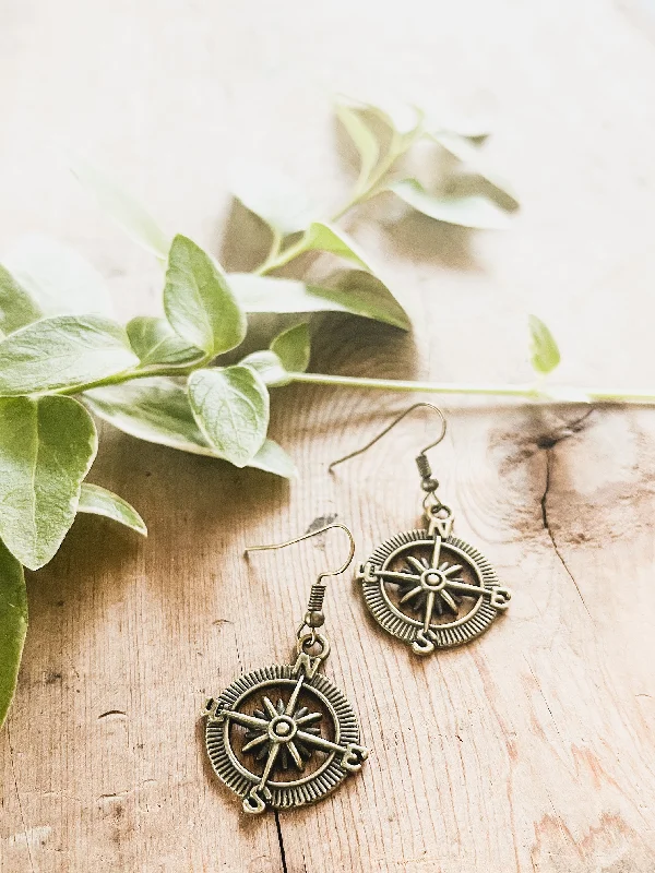 Stud Earrings for Women-Beautiful Antique Finish Compass Earrings in Gold or Silver