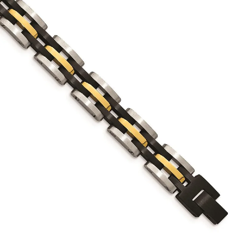 Minimalist Leather Bracelet-Stainless Steel Brushed and Polished Black and Yellow IP 8.25in Bracelet