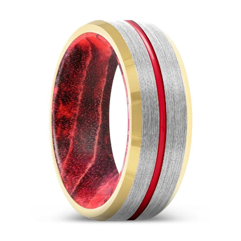 LUMBER | Black & Red Wood, Silver Tungsten Ring, Red Groove, Gold Beveled Edge