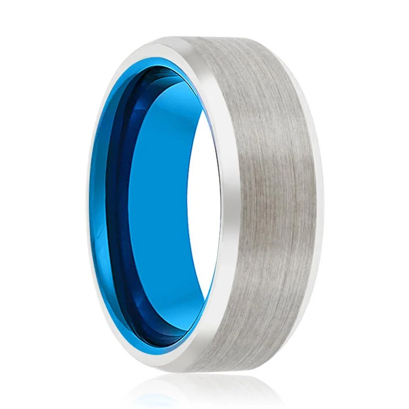 IBIZA | Blue Tungsten Ring, Silver Tungsten Ring, Brushed, Beveled