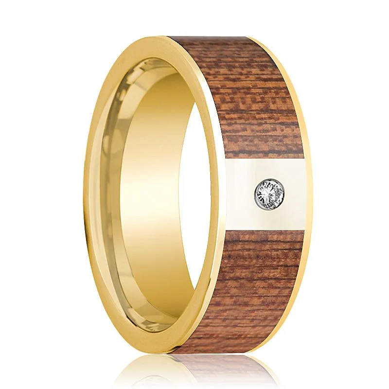 Cherry Wood Inlaid Men's 14k Gold Wedding Band with White Diamond in Center - 8MM