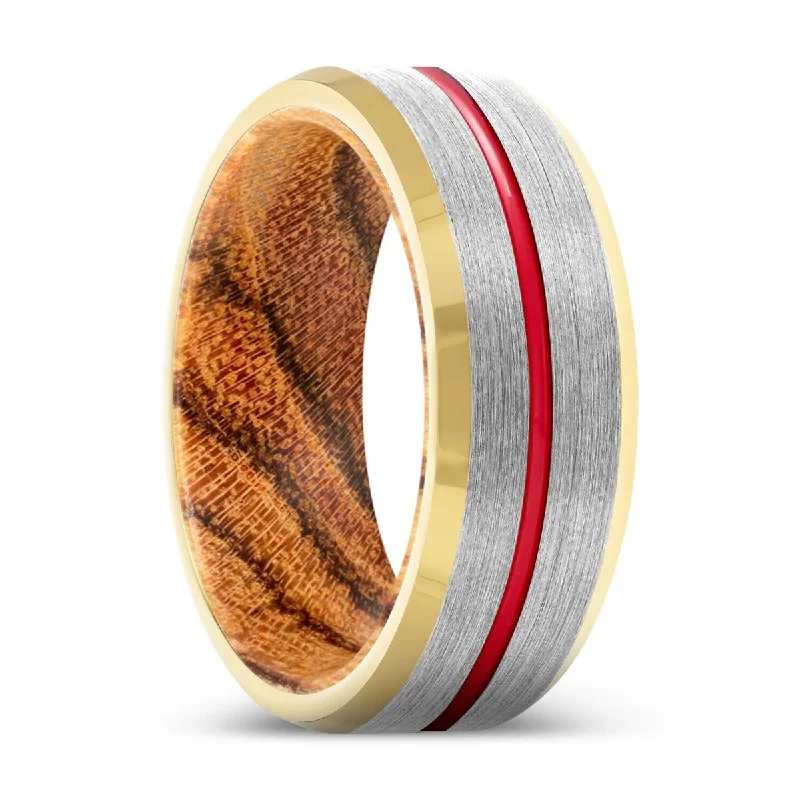 MAYHEM | Bocote Wood, Silver Tungsten Ring, Red Groove, Gold Beveled Edge