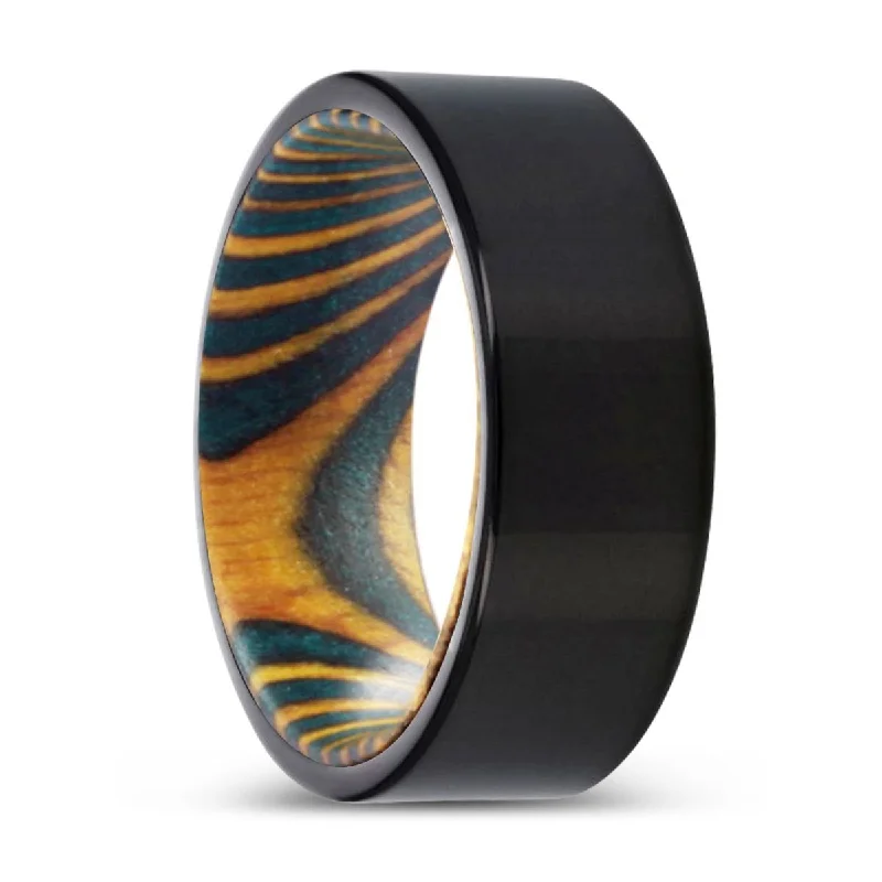 ELEKTRA | Green & Yellow Wood, Black Tungsten Ring, Shiny, Flat