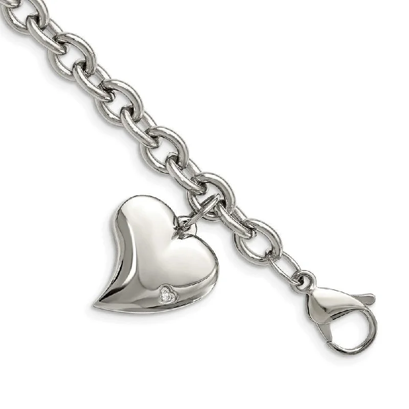 Diamond Tennis Bracelet-Stainless Steel CZ Heart Charm Fancy 7.5in Bracelet