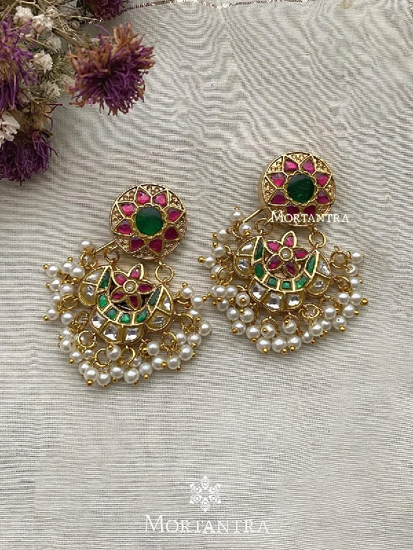 Crystal Drop Earrings-Multicolor Gold Plated Thappa Jadau Kundan Earrings - TJ-E36M