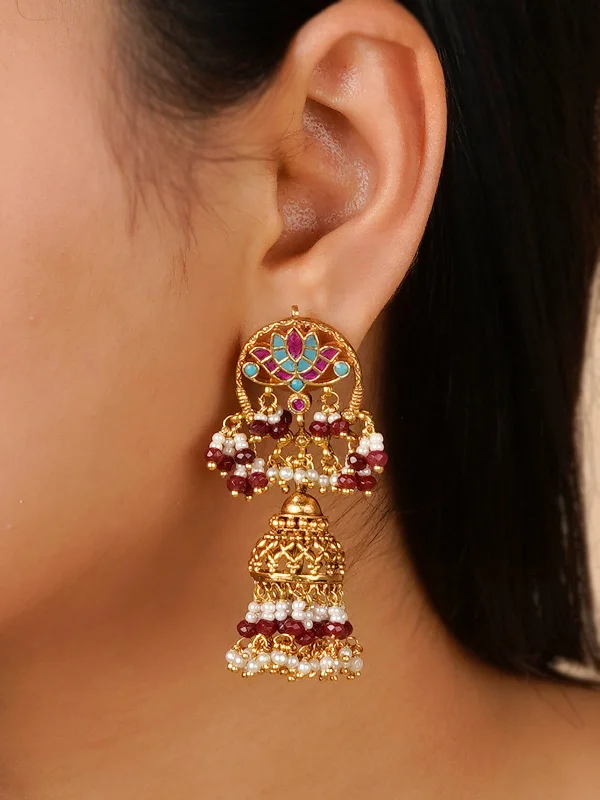 Handmade Dangle Earrings-Multicolor Gold Plated Jadau Kundan Earrings - ME1149MA