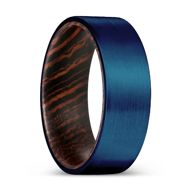 FREEBIRD | Wenge Wood, Blue Tungsten Ring, Brushed, Flat