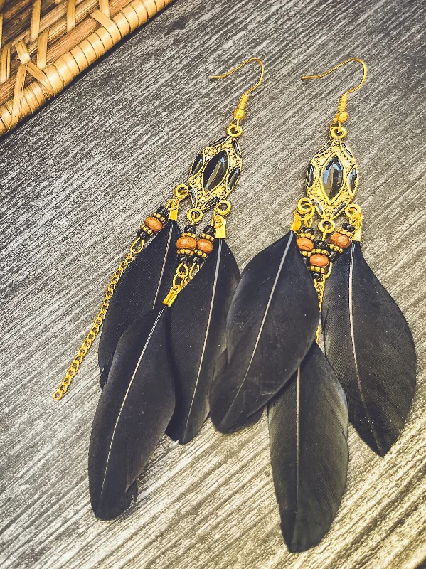 Silver Drop Earrings for Women-Beautiful Black Bohemian Feather Earrings