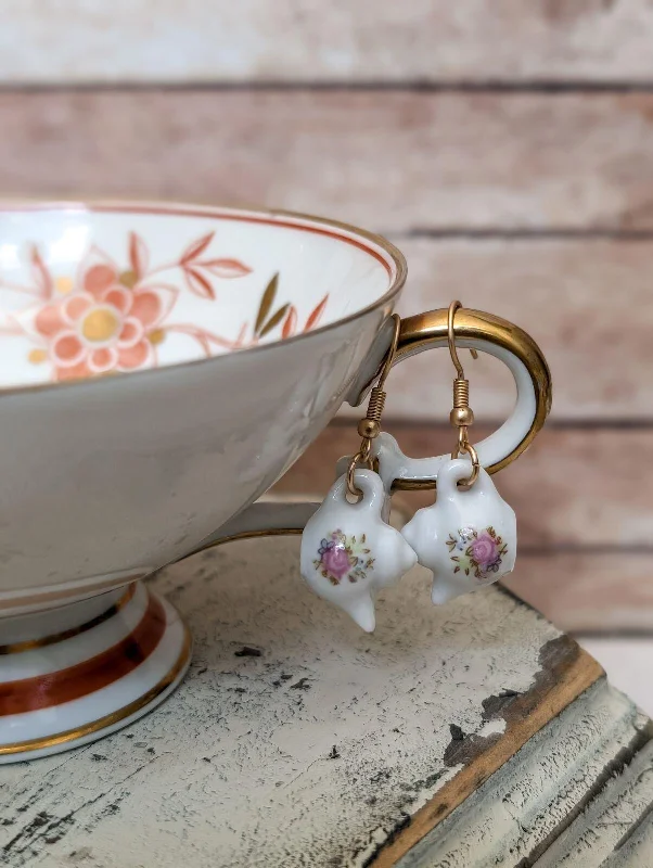 Double Hoop Earrings-Beautiful Floral Tea Pot Earrings