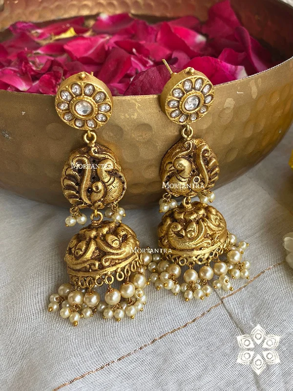 Silver Plated Earrings-White Color Gold Plated Temple Earrings - TMPEAR47