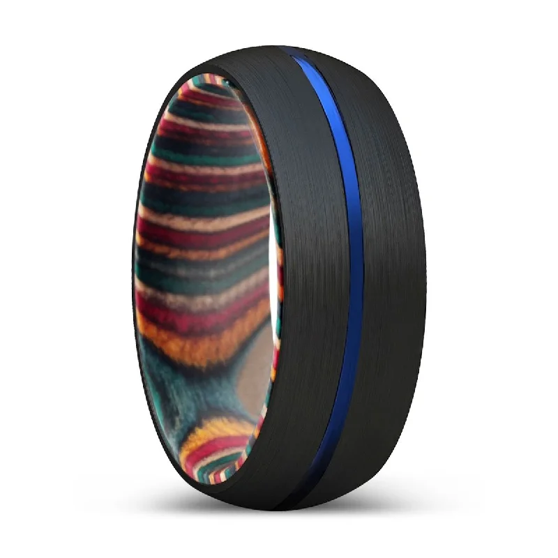 ALBY | Multi Color Wood, Black Tungsten Ring, Blue Groove, Domed