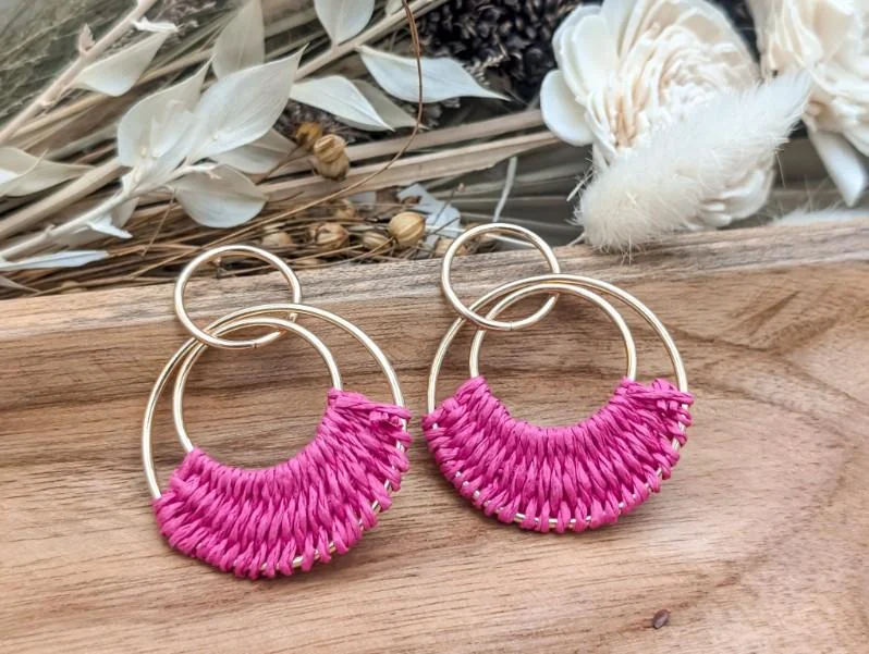 Birthday Gift Earrings-Beautiful Pink Raffia Hoop Earrings