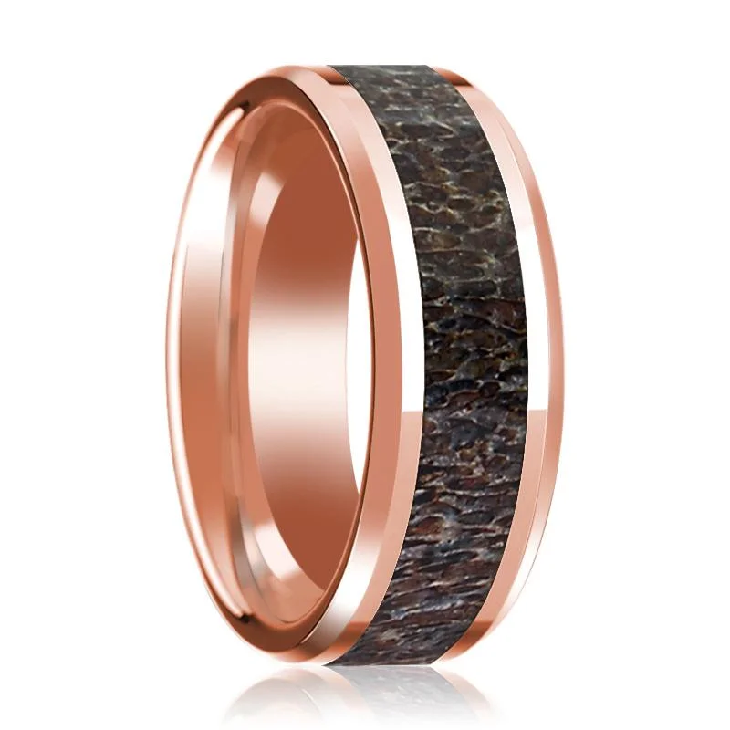 14k Rose Gold Polished Wedding Band with Dark Deer Antler Inlay & Beveled Edges