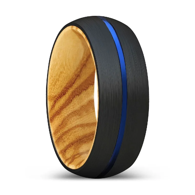 MIKEY | Olive Wood, Black Tungsten Ring, Blue Groove, Domed