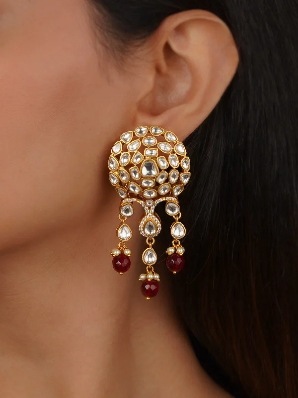 High-End Earrings-Maroon Color Gold Plated Jadau Kundan Earrings - ME1301W