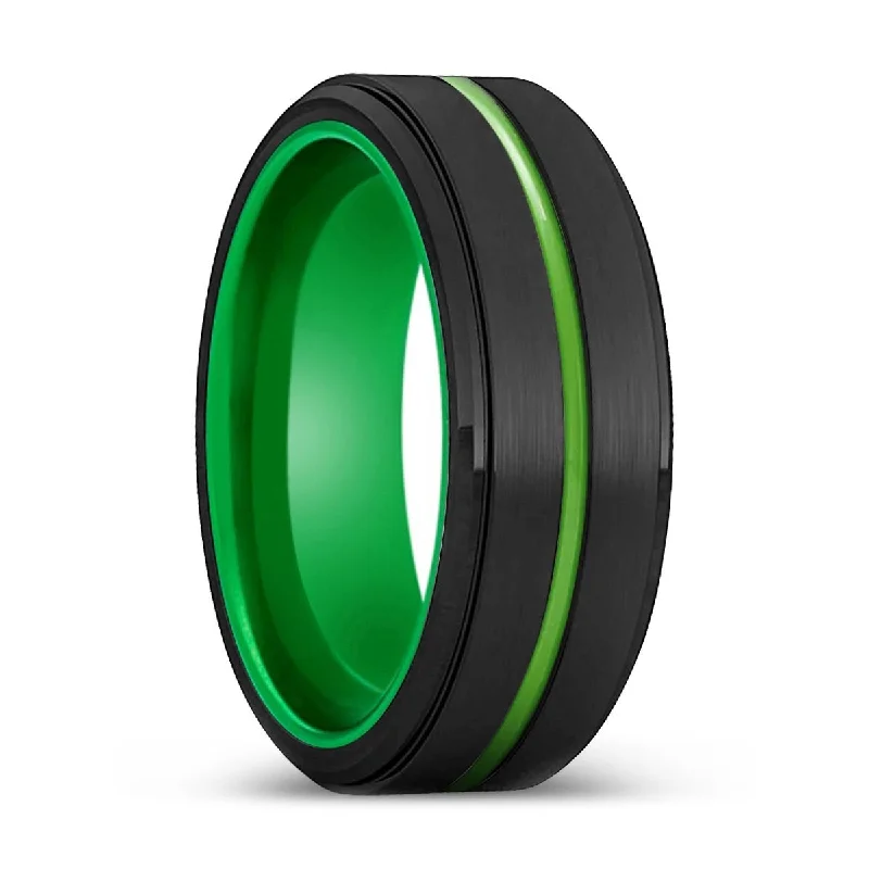 OLATHE | Green Ring, Black Tungsten Ring, Green Groove, Stepped Edge