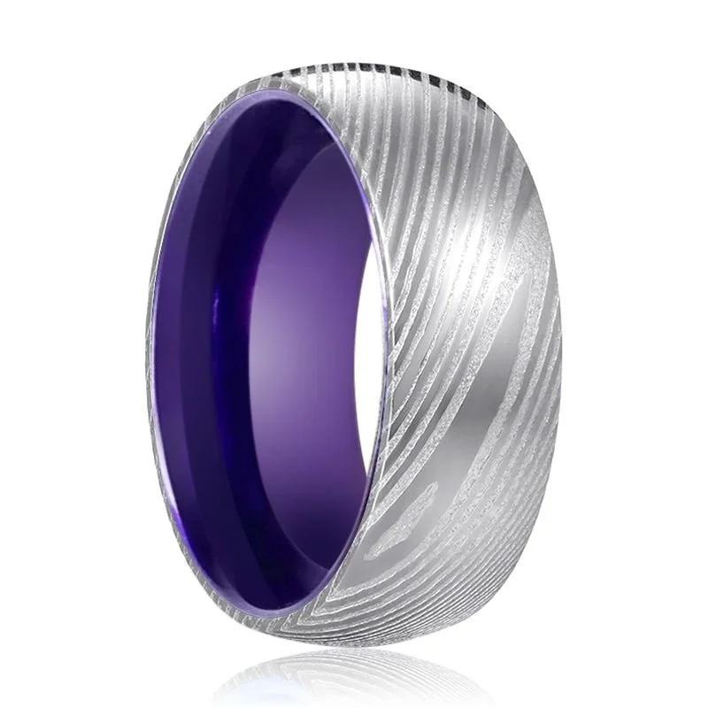 VERBENA | Purple Ring, Silver Damascus Steel, Domed