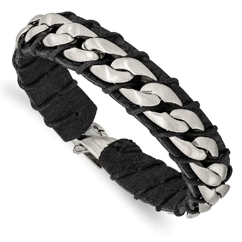 Friendship Bracelet Set-Stainless Steel Brushed Chain and Black Leather 8.5in Bracelet