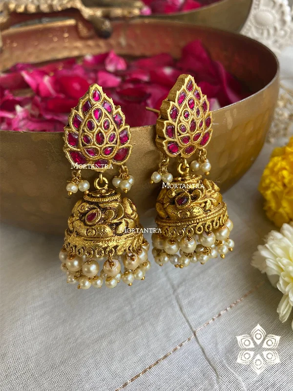 Gold-Plated Earrings-Pink Color Gold Plated Temple Earrings - TMPEAR54P