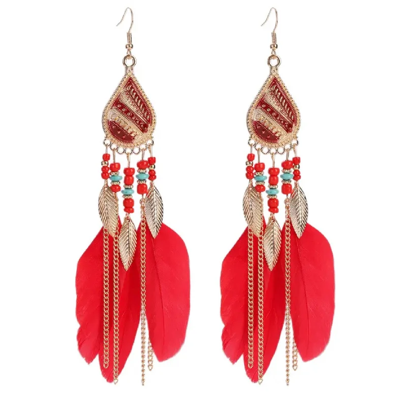 Oval Dangle Earrings-Beautiful Bohemian Red Feather Earrings