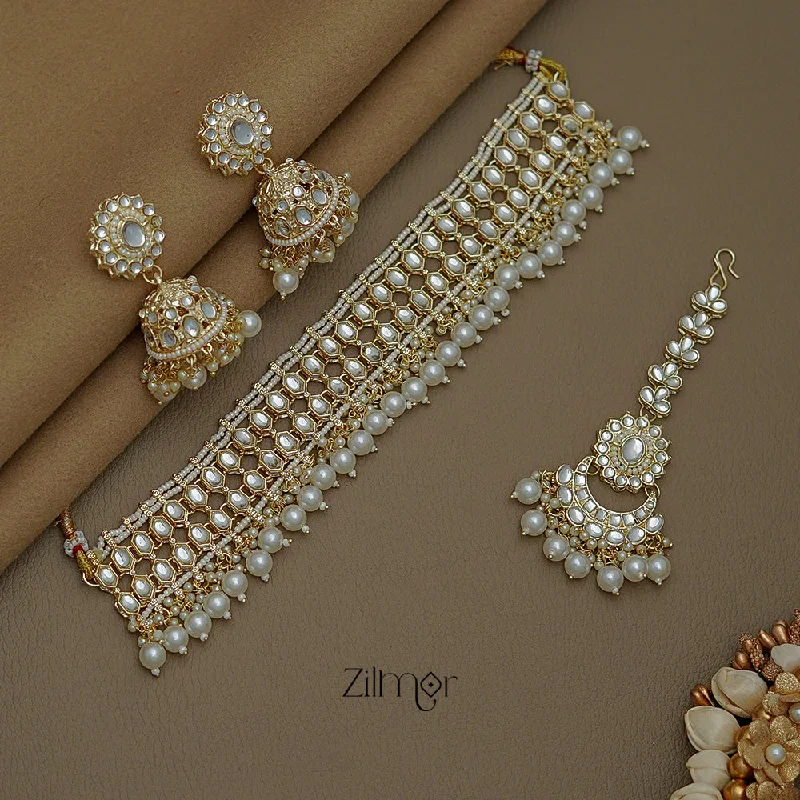 Classic Layered Necklace-FS1011255 - Kundan Pearl Hanging Choker Necklace Earrings Set with Maang Tikka