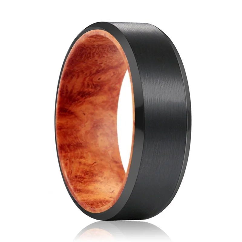 BANDIT | Red Burl Wood, Black Tungsten Ring, Brushed, Beveled