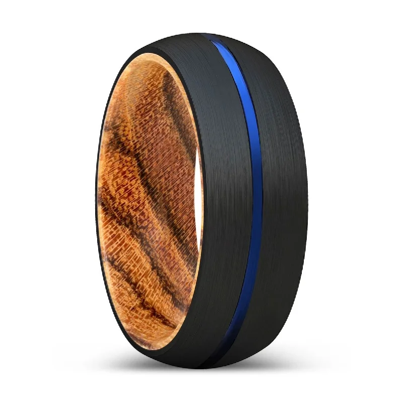 OSPRA | Bocote Wood, Black Tungsten Ring, Blue Groove, Domed