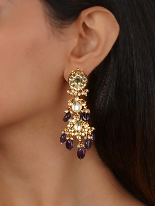 Gold-Plated Hoop Earrings-Purple Color Gold Plated Jadau Kundan Earrings - ME1143Y