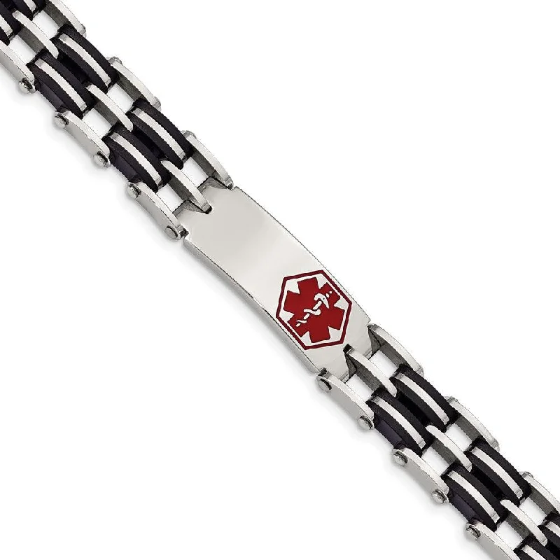 Simple Metal Bracelet-Stainless Steel Black Rubber Red Enamel 8.25in Medical Bracelet