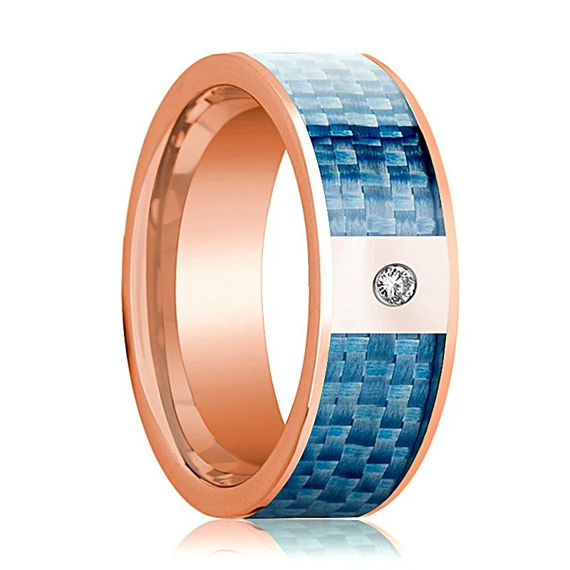 Men's 14k Rose Gold and Diamond Wedding Band with Blue Carbon Fiber Inlay Polished Design - 8MM