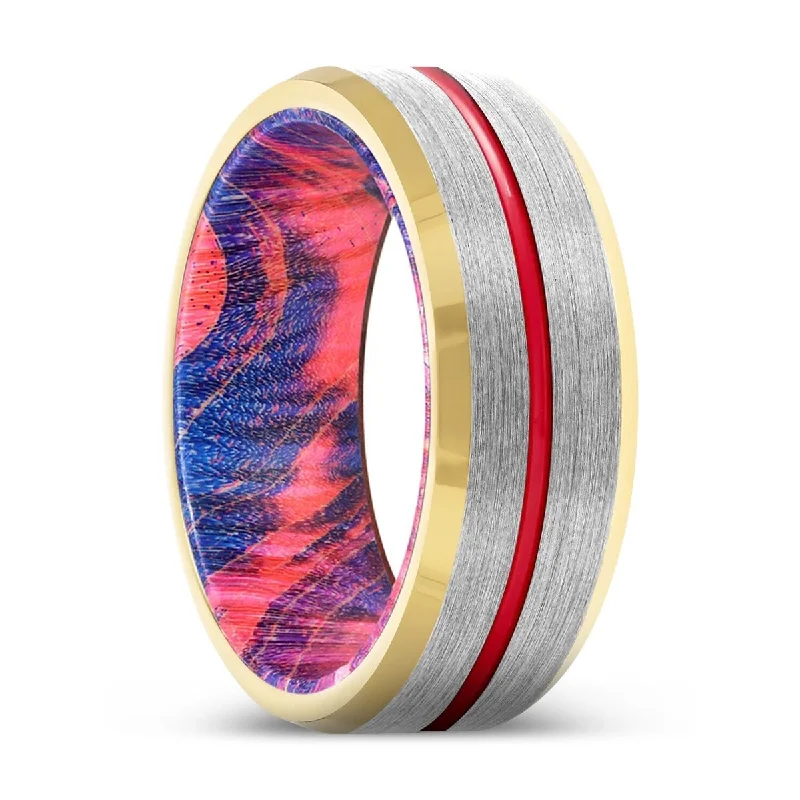 MASTERY | Blue & Red Wood, Silver Tungsten Ring, Red Groove, Gold Beveled Edge