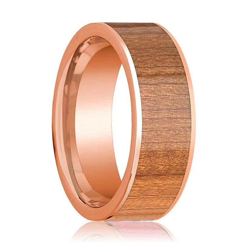 Men's 14k Rose Gold Flat Wedding Band with Cherry Wood Inlay Polished Finish - 8MM