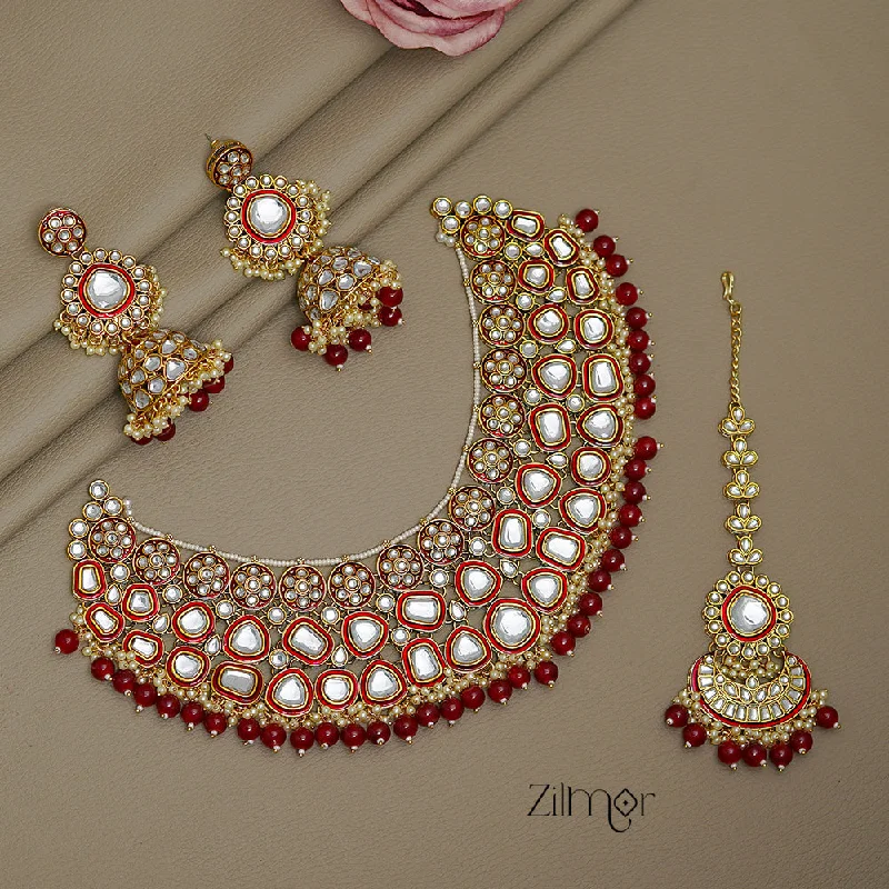 Simple Birthstone Necklace-FS1011258 - Bridal Polki Kundan Necklace Earrings with Maangtikka