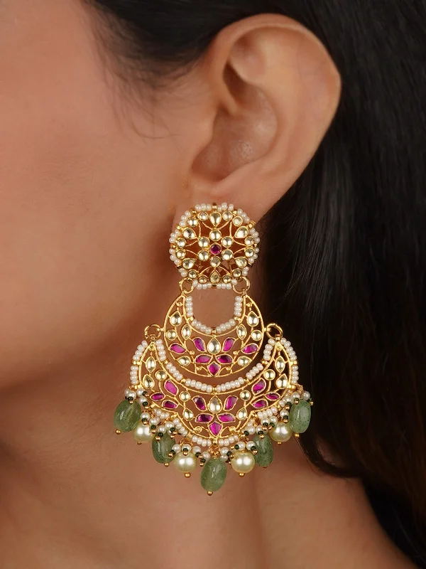 Adjustable Drop Earrings-Pink Color Gold Plated Jadau Kundan Earrings - ME1058YP