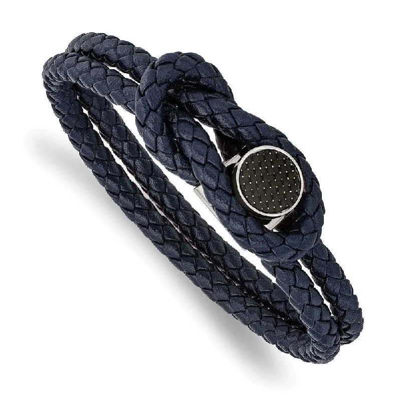 Beaded Stretch Bracelet-Stainless Steel Polished w/Carbon Fiber Inlay Navy Leather 8.5in Bracelet