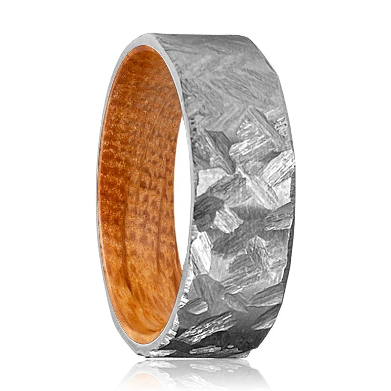 DUNHILL | Whiskey Barrel Wood, Silver Titanium Ring, Hammered, Flat