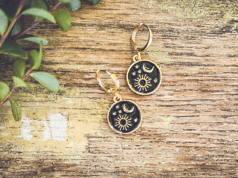 Stud Earrings for Teens-Beautiful Gold and Black Sun/Moon Earrings