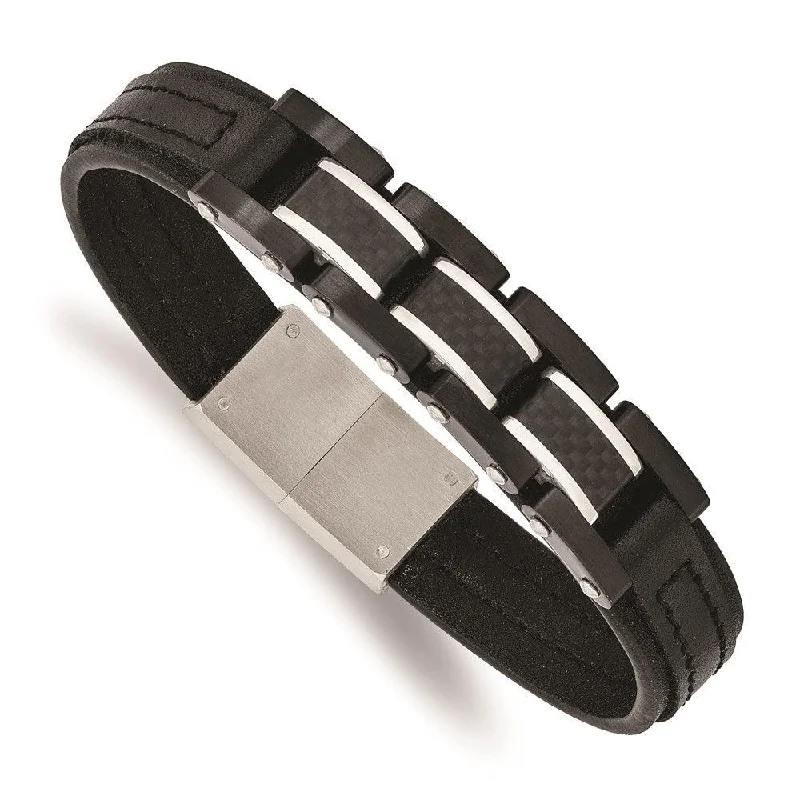 Gemstone Bracelet-Stainless Steel Brushed & Polished Black IP Carbon Fiber Leather Bracelet