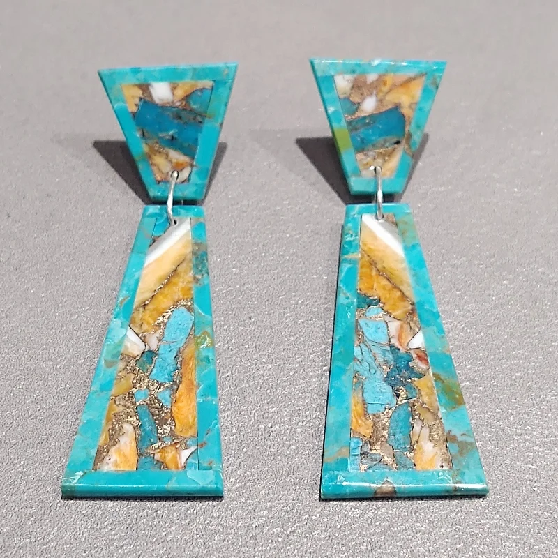 Diamond Drop Earrings-Herman Tenario Kewa Turquoise Spiny Oyster Earrings - Handmade Native American