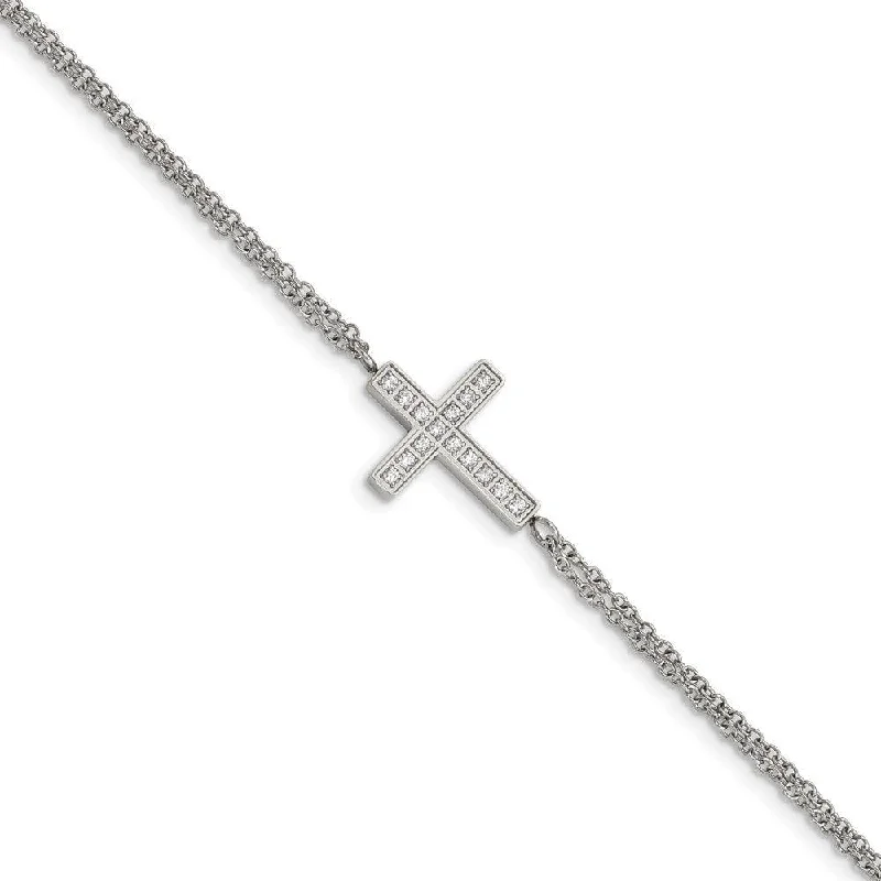 Handmade Silver Bracelet-Stainless Steel Polished with CZ Cross 6.25in with 2in ext. Bracelet