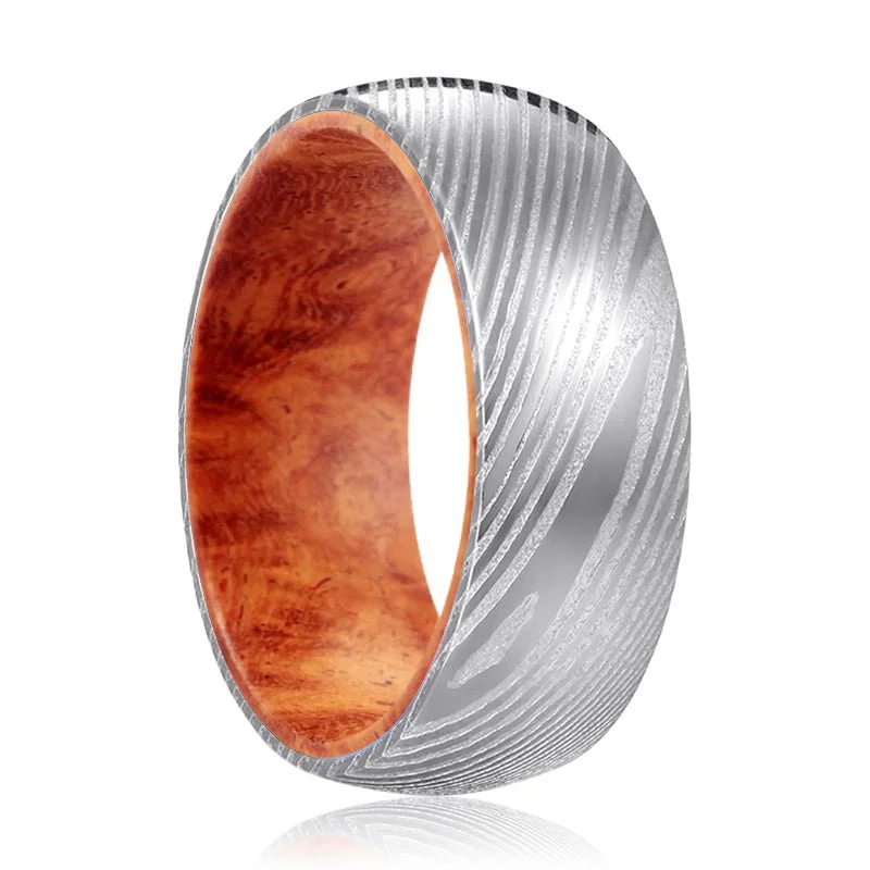 ROJO | Red Burl Wood, Silver Damascus Steel, Domed