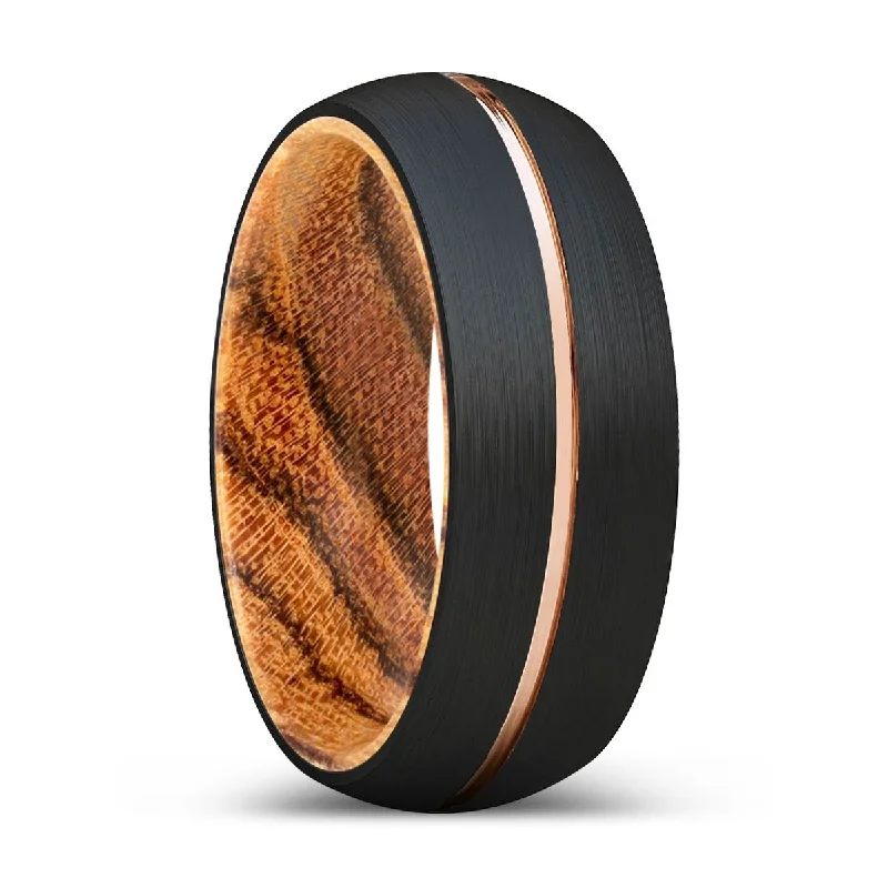 MAMBO | Bocote Wood, Black Tungsten Ring, Rose Gold Groove, Domed