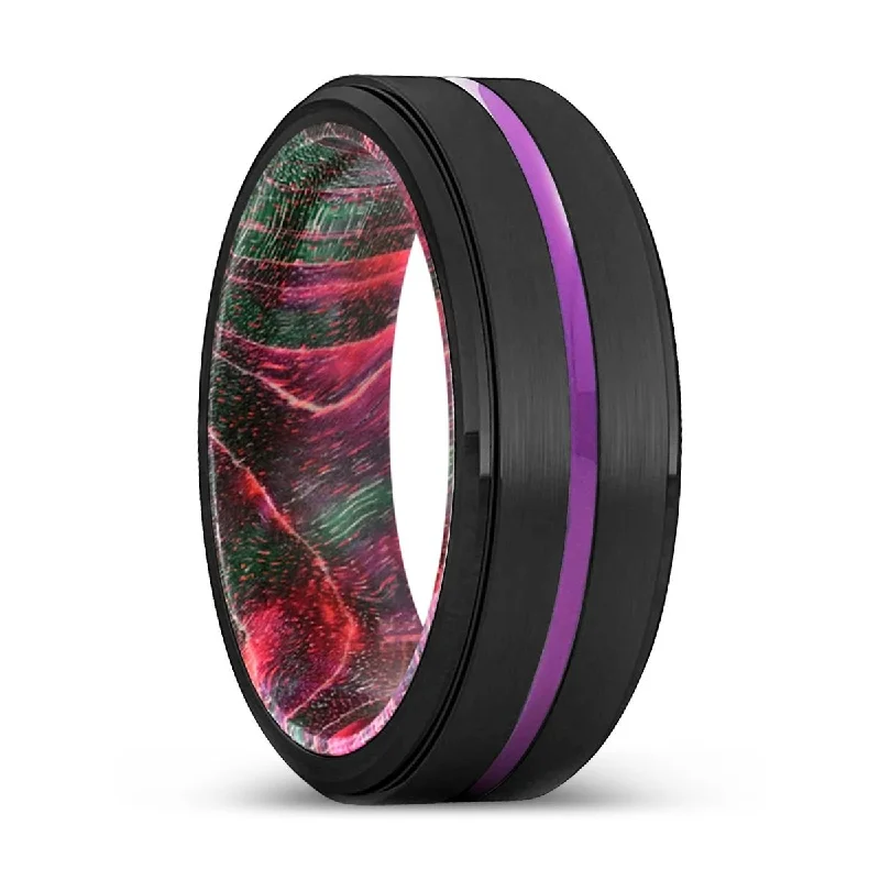 GLADSTON | Green & Red Wood, Black Tungsten Ring, Purple Groove, Stepped Edge